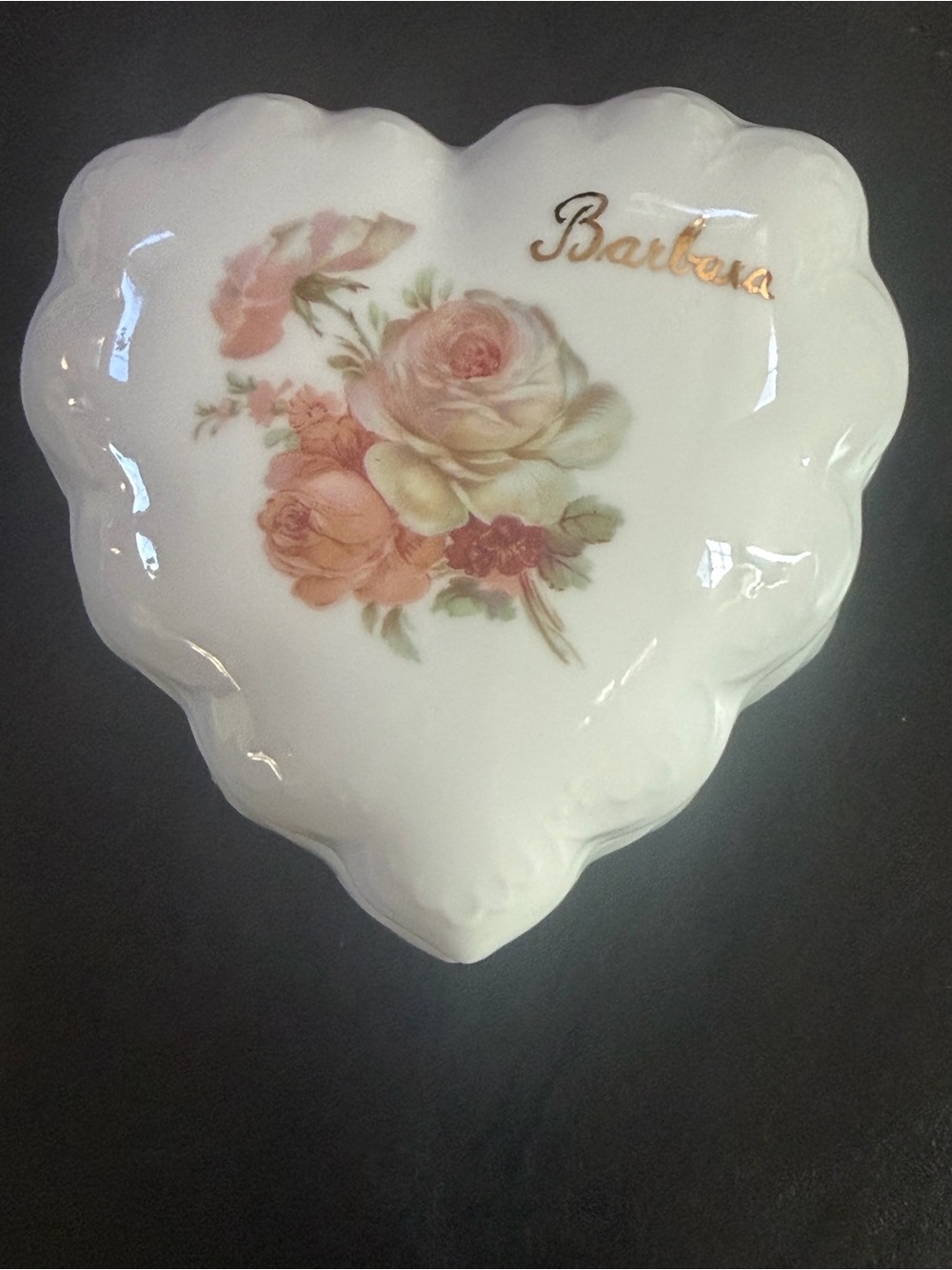 Porcelain Heart Trinket Box with Pink Rose Motif - Barbara Name Detail